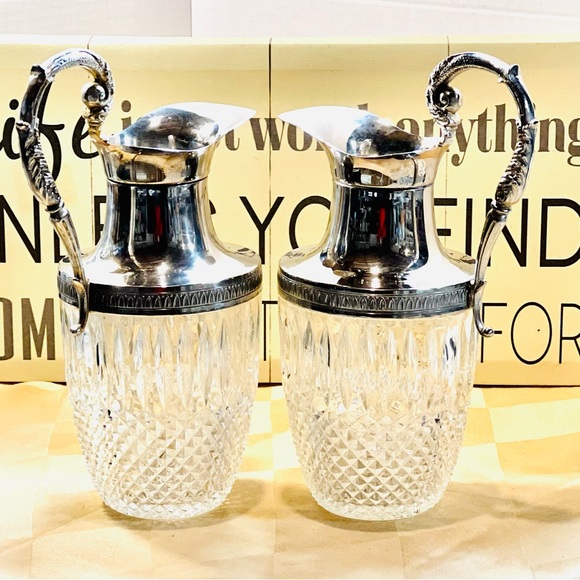 Vintage Set of 2 Victorian Silver & Pressed Glass High Quality Pitcher RARE Set - Picture 4 of 15